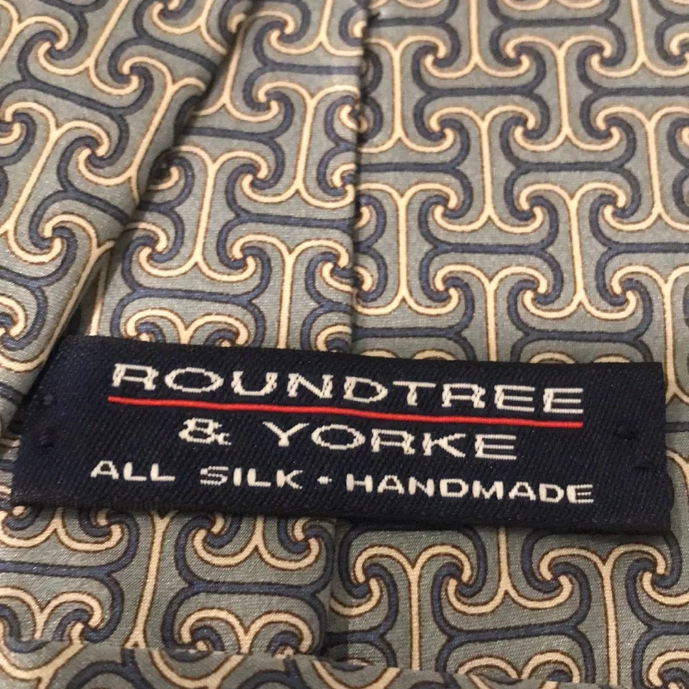 Roundtree‎ & Yorke Silk Tie Mens Blue Silver Geometric Designer Necktie Lux USA